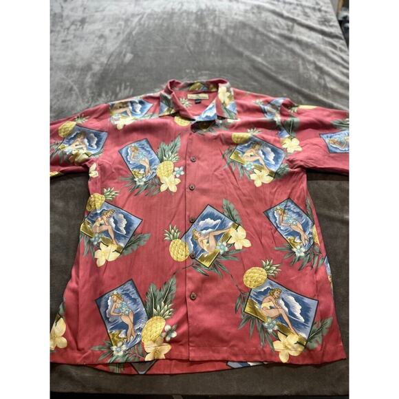Tommy Bahama Men’s Large Hawaiian Silk Floral Short Sleeve‎ Button Up Shirt Pink - Picture 1 of 5